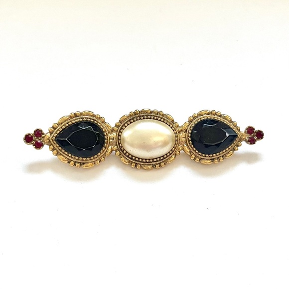 1980s vintage antique gold brooch with black red & white stones - Picture 2 of 11